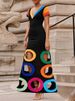 Freeacy Women's Slim Fit V-neck Short Sleeves Dress Contrast Color Hollowed A-line Colorblock & Geometric Cutouts Party Dresses_ecoleips.com