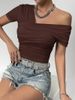 Women's Clothing Cold Shoulder Pleated T Shirt Sexy Short Sleeve Slim Fit Asymmetric Top Female Elegant Fashion_ecoleips.com