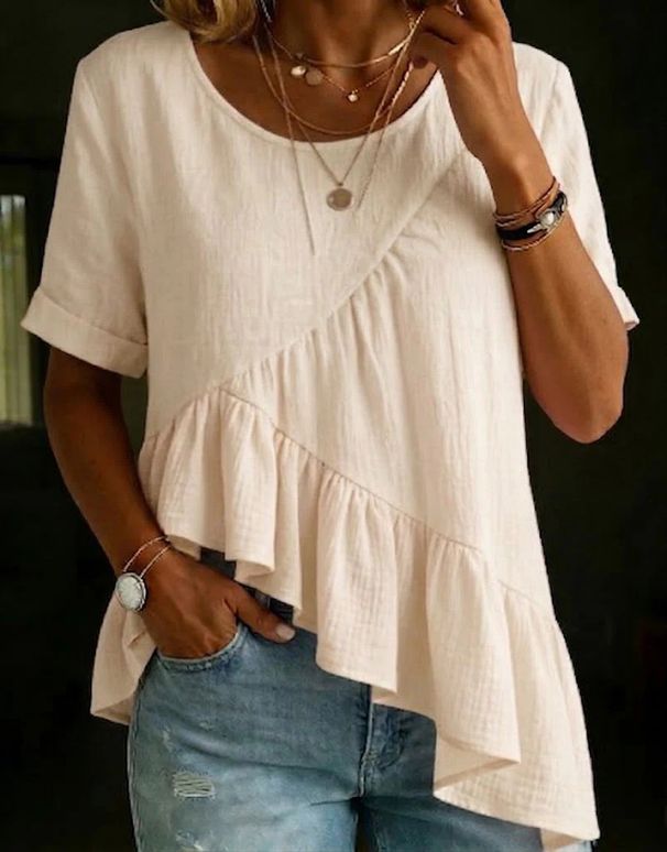 2026 Cross-Border Foreign Trade Best-Selling Women's Round Neck Slimming Cotton-Linen Solid Color Loose Patchwork_ecoleips.com