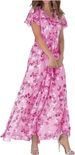 European And American Style Beach Maxi Dress for Women Chiffon Floral Print Short Sleeves Ruffled V Neck Waist Cinching Design_ecoleips.com