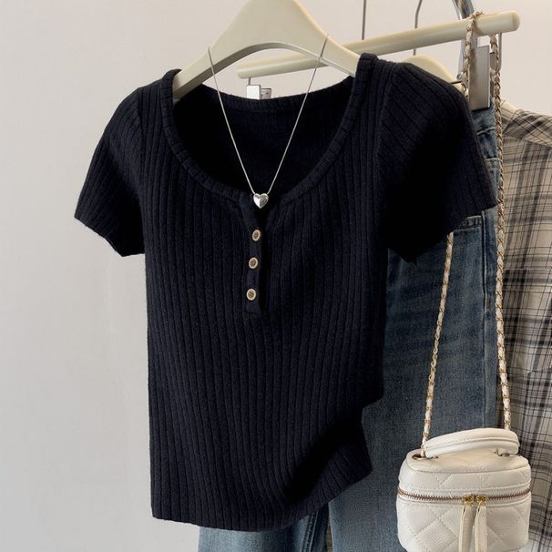 Ice Silk Knitted Short Sleeved T Shirt For Women Summer New Style Temperament Slim Fit Tops Small Bottoming T Shirt_ecoleips.com