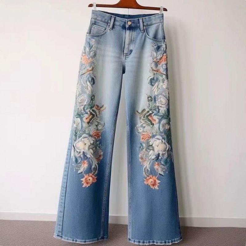 Women's Clothing Embroidery Straight Jeans Spring And Autumn Wide Leg Pants_ecoleips.com