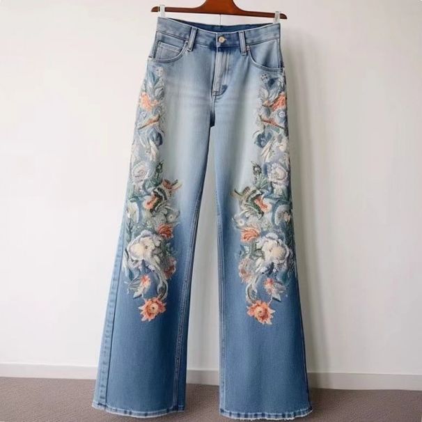 Women's Clothing Embroidery Straight Jeans Spring And Autumn Wide Leg Pants_ecoleips.com