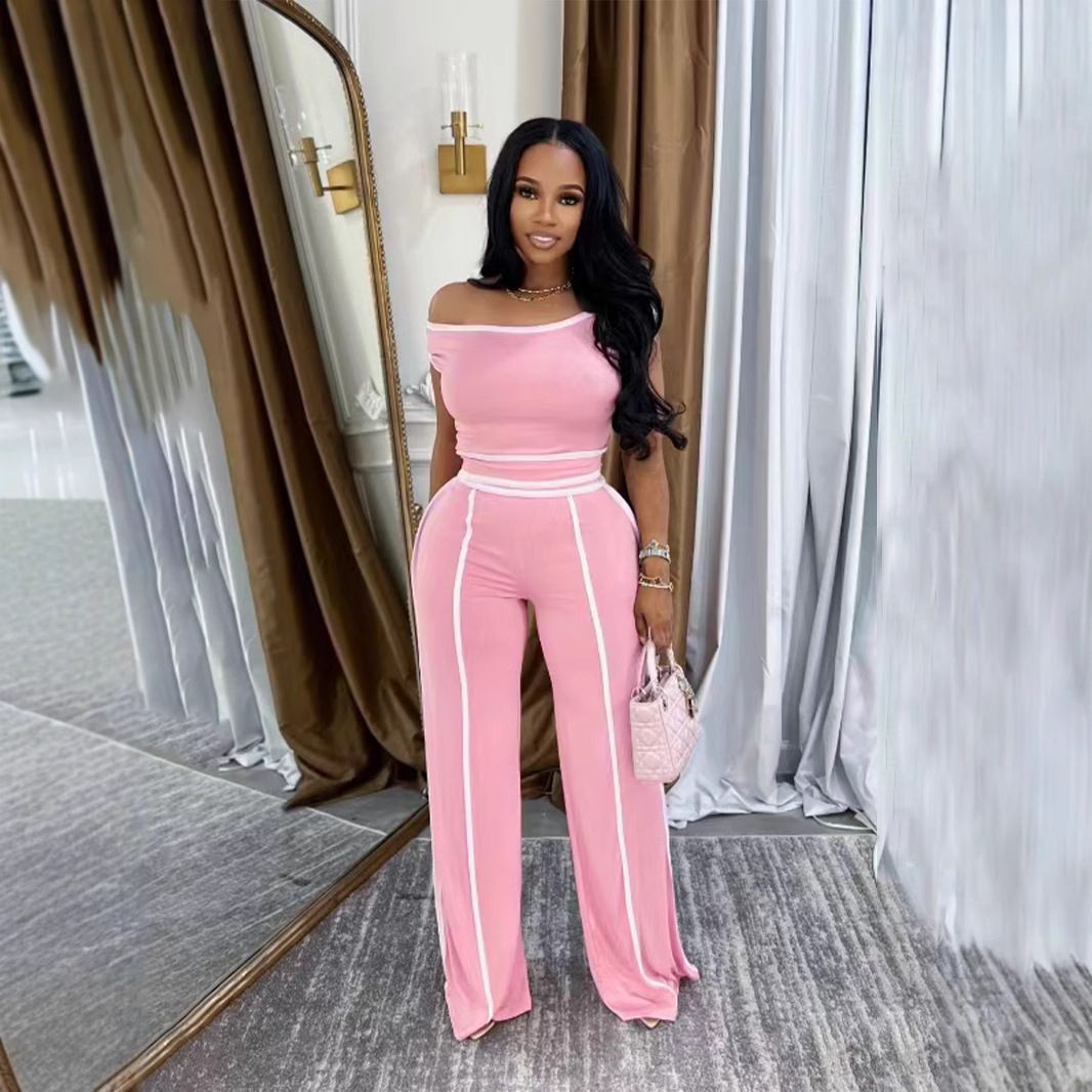 Women's Clothing Sexy Temperament One Shoulder Solid Color Slim Fit Top Wide Leg Pants Two Piece Set_ecoleips.com
