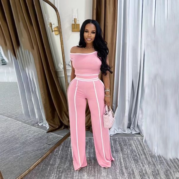 Women's Clothing Sexy Temperament One Shoulder Solid Color Slim Fit Top Wide Leg Pants Two Piece Set_ecoleips.com