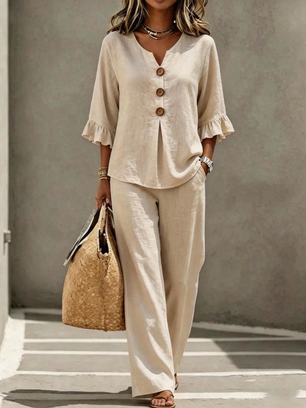 Women's Casual Two-Piece Set: V-Neck Button-Down Blouse With Flutter Sleeves & Elastic Waist Trousers_ecoleips.com
