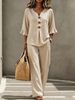 Women's Casual Two-Piece Set: V-Neck Button-Down Blouse With Flutter Sleeves & Elastic Waist Trousers_ecoleips.com