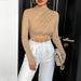 Voya Women's Fashion Temperament Elegant Slim Fit Half High Neck Long Sleeved Exposed Navel Solid Color T-shirt Women's Short Style Pullover_ecoleips.com
