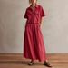 Women's Clothing Women's Fashion Set Summer Casual Solid Color Lapel Short Sleeve Shirt And Loose Long Skirt_ecoleips.com