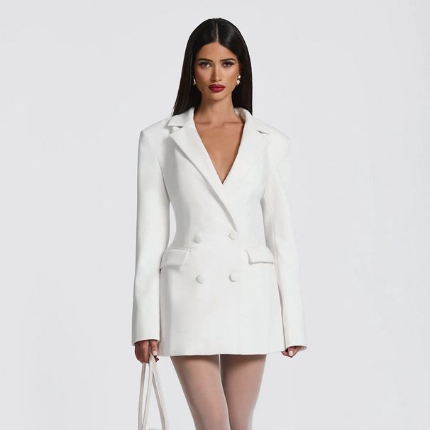 Women's Clothing Sophisticated V-Neck Blazer Dress With Long Sleeves - Stretch Milk Silk Fabric, Slim-Fit Office To Evening Dress For Women_ecoleips.com