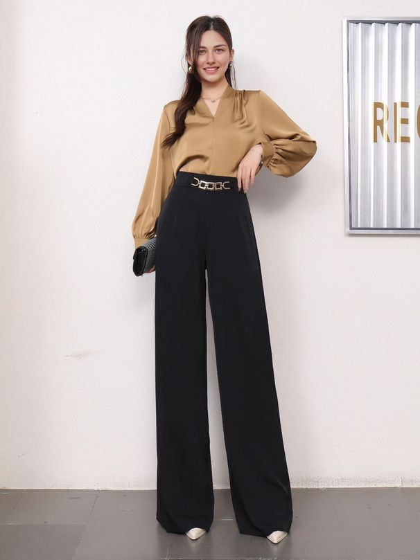 Elegant High-Waisted Wide-Leg Pants For Women - Stretch Polyester Trousers With Metallic Accents, Office & Casual Wear_ecoleips.com