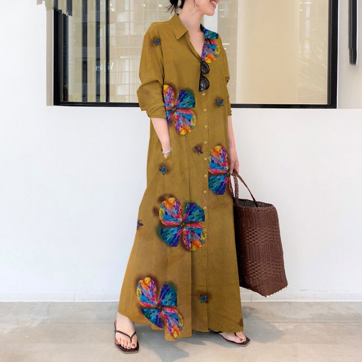 Muslim Dress Women Long Sleeve Printed Cotton Linen Shirt Dress With Turn-Down Collar & Side Pockets, Loose Fit Bohemian Maxi Dress_ecoleips.com