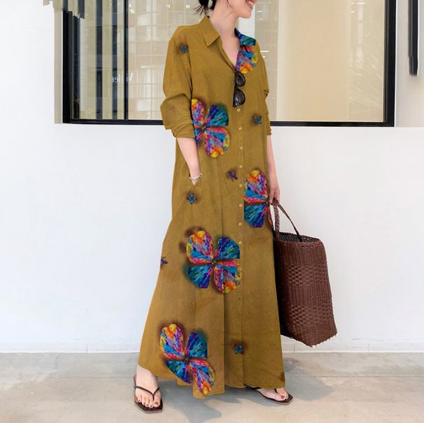 Muslim Dress Women Long Sleeve Printed Cotton Linen Shirt Dress With Turn-Down Collar & Side Pockets, Loose Fit Bohemian Maxi Dress_ecoleips.com