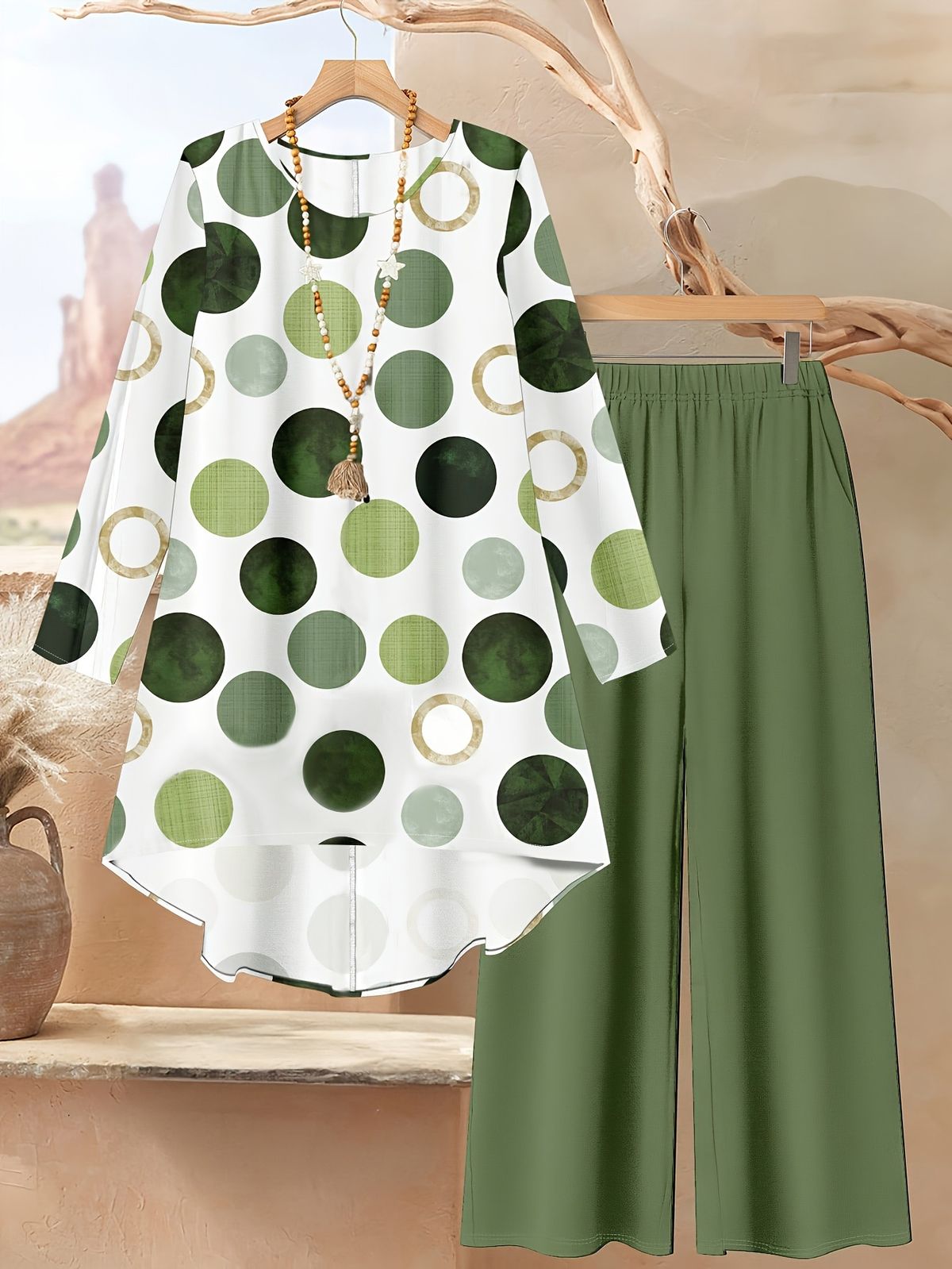 Women's Polka Dot Print Two Piece Set Elegant Casual Loose Fitting Long Sleeved Top with Pants for Spring/Summer_ecoleips.com