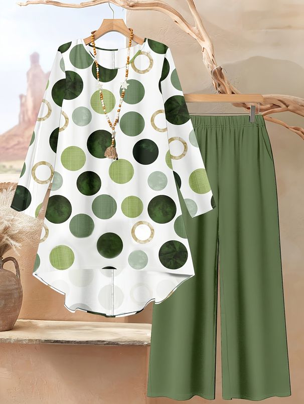 Women's Polka Dot Print Two Piece Set Elegant Casual Loose Fitting Long Sleeved Top with Pants for Spring/Summer_ecoleips.com