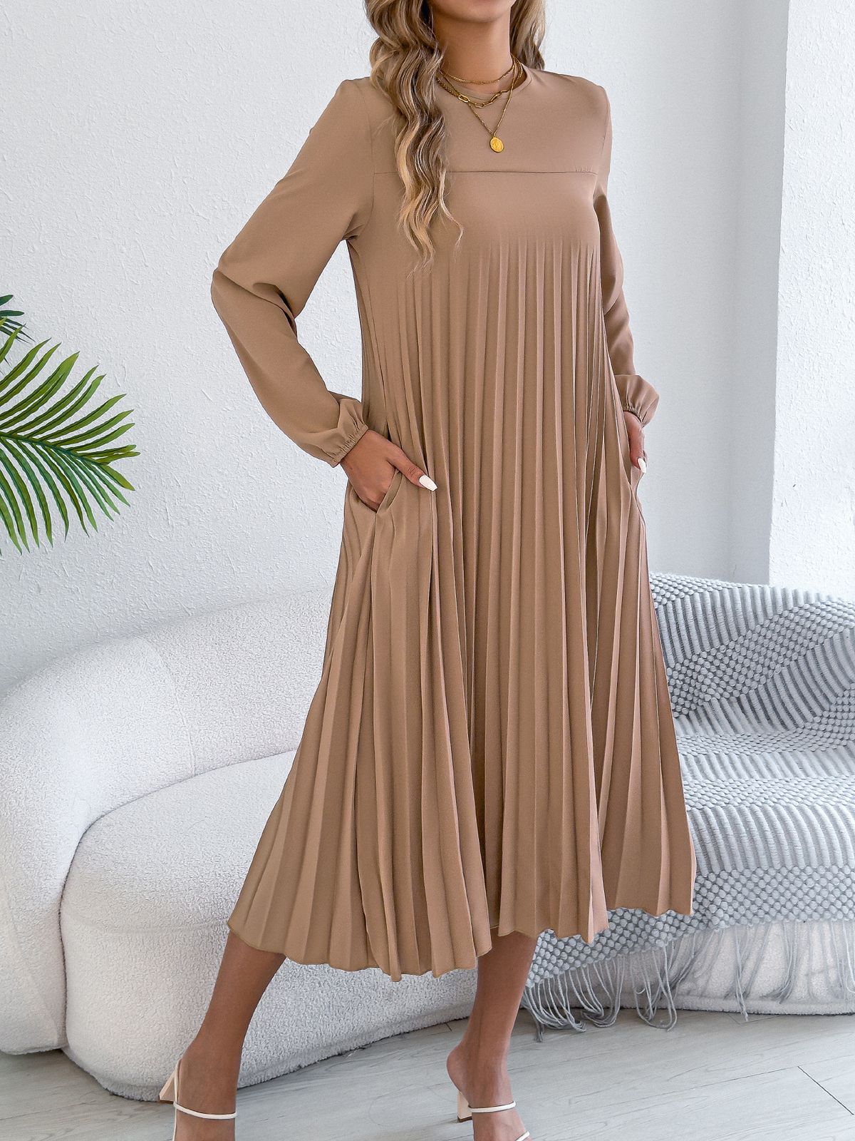Real Shot Of 2026 Spring/summer European And American Casual Solid Color Long-sleeve Pocket Pleated Dress,_ecoleips.com