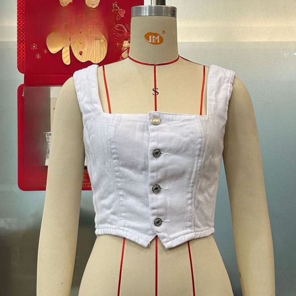 K New Denim Tank Top, Solid Color Buckle Fashion Suspender, Short Top_ecoleips.com