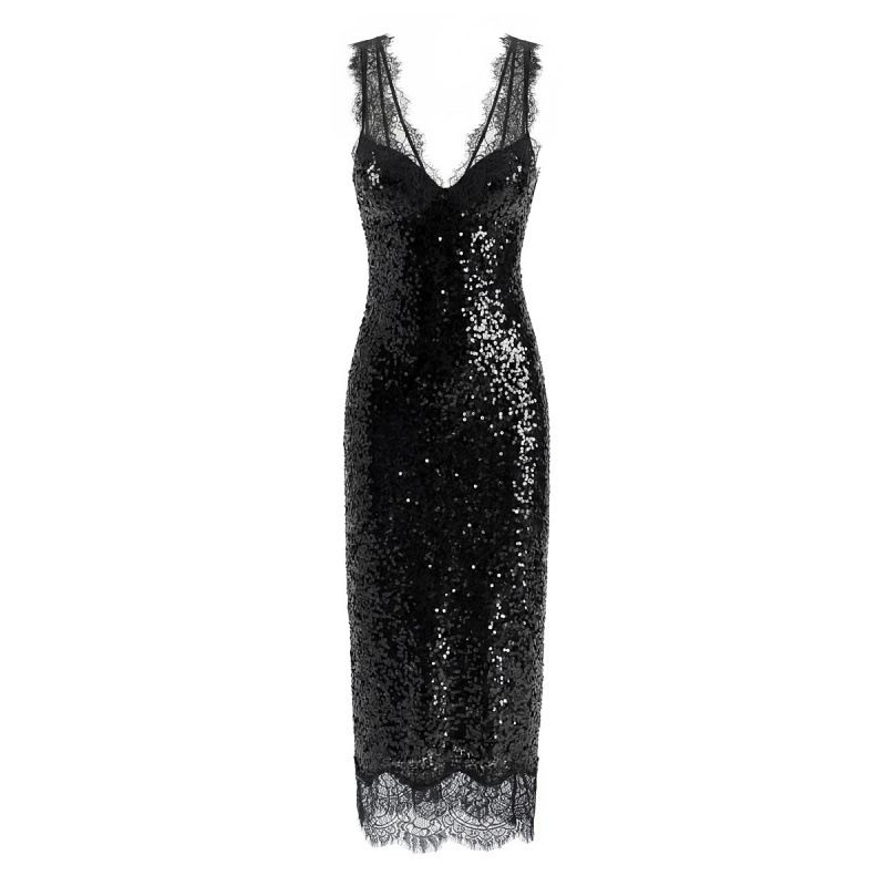 Summer Fashion Women's Casual Dress Deep V Neck Sequined Patchwork Lace European American Style Clothing For Ladies_ecoleips.com