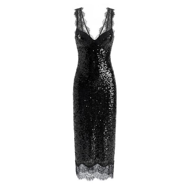 Summer Fashion Women's Casual Dress Deep V Neck Sequined Patchwork Lace European American Style Clothing For Ladies_ecoleips.com