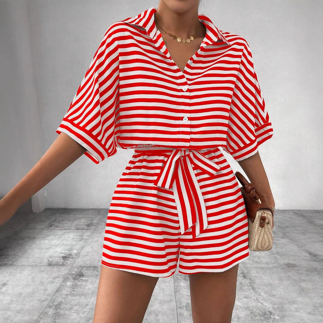 Summer New Women's Striped Lapel Cardigan Button Down Five-Sleeve Shorts Jumpsuit_ecoleips.com