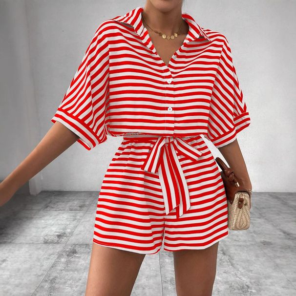 Summer New Women's Striped Lapel Cardigan Button Down Five-Sleeve Shorts Jumpsuit_ecoleips.com