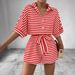 Summer New Women's Striped Lapel Cardigan Button Down Five-Sleeve Shorts Jumpsuit_ecoleips.com