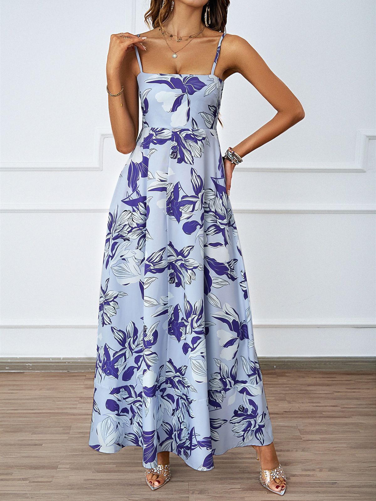 2026 European And American Cross-Border Summer Floral Print Backless Strap Sexy High-Waisted A-Line Dress For_ecoleips.com