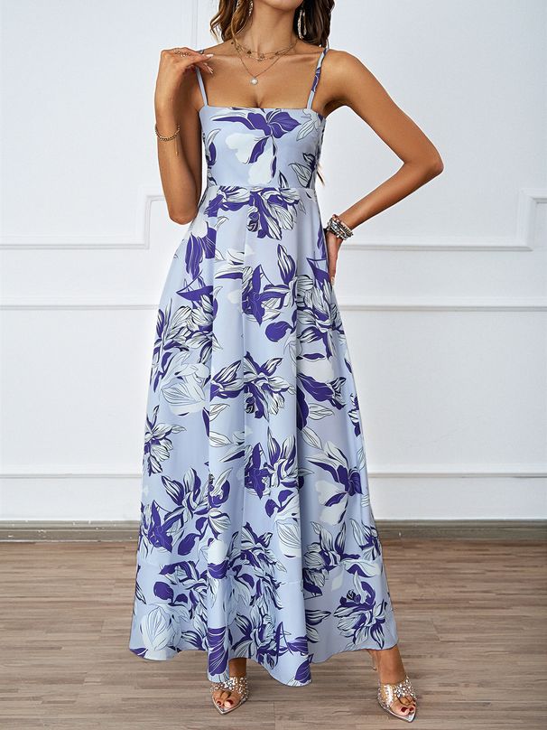 2026 European And American Cross-Border Summer Floral Print Backless Strap Sexy High-Waisted A-Line Dress For_ecoleips.com