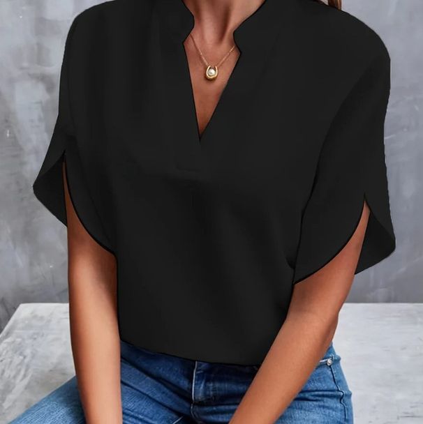 Women's Summer Casual Solid-Color V-Neck Loose Shirt Top_ecoleips.com