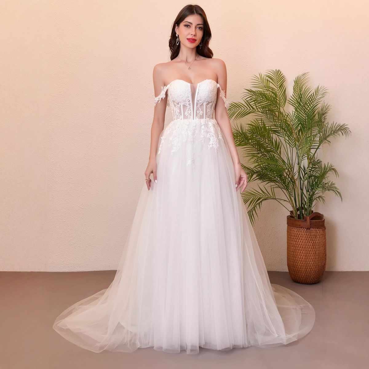 French Style off the Shoulder Wedding Dress Lace Boning Three Dimensional Appliqué Long Train Slimming Effect Women's Clothing_ecoleips.com