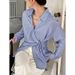 Autumn Intellectual Style Blue Long Sleeve Shirt Lace-Up Shirt Cardigan Top Women's Clothing Wholesale_ecoleips.com
