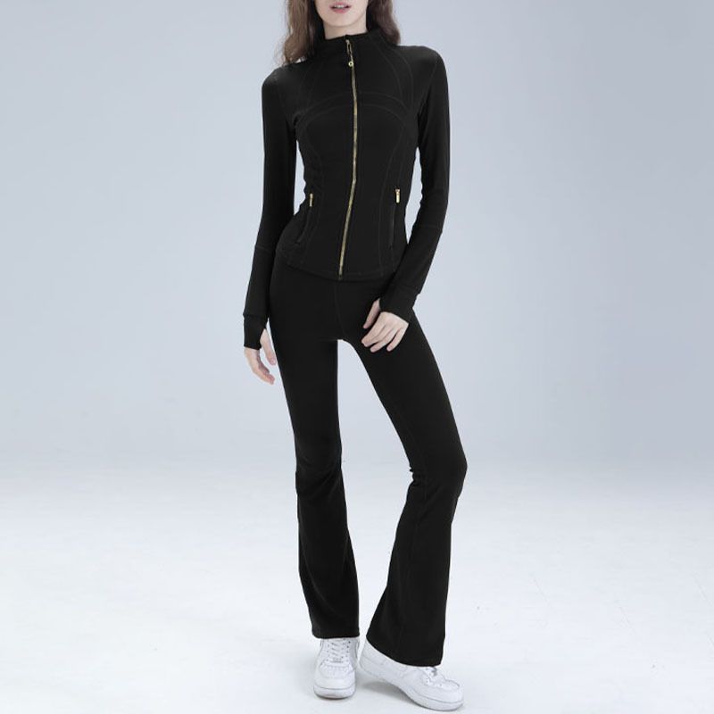 Sleek High-Performance Yoga Set – Nylon-Spandex Zip Jacket & Flared Leggings For Pilates & Studio Flow_ecoleips.com