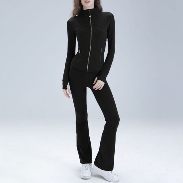 Sleek High-Performance Yoga Set – Nylon-Spandex Zip Jacket & Flared Leggings For Pilates & Studio Flow_ecoleips.com