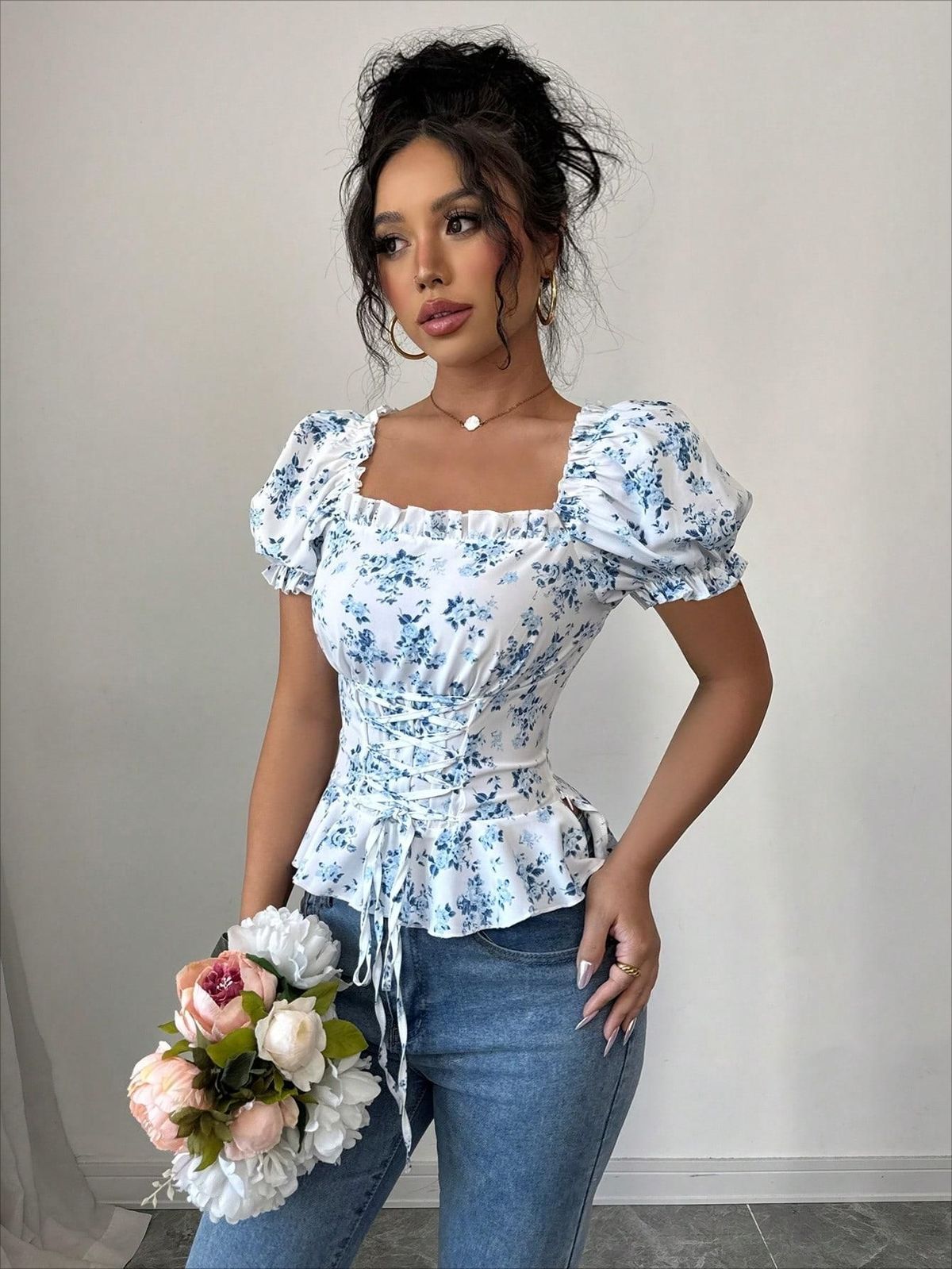 Women’s Clothing French Print Square Collar Puff Sleeve Waist Drawstring Shirt Short Top Floral_ecoleips.com