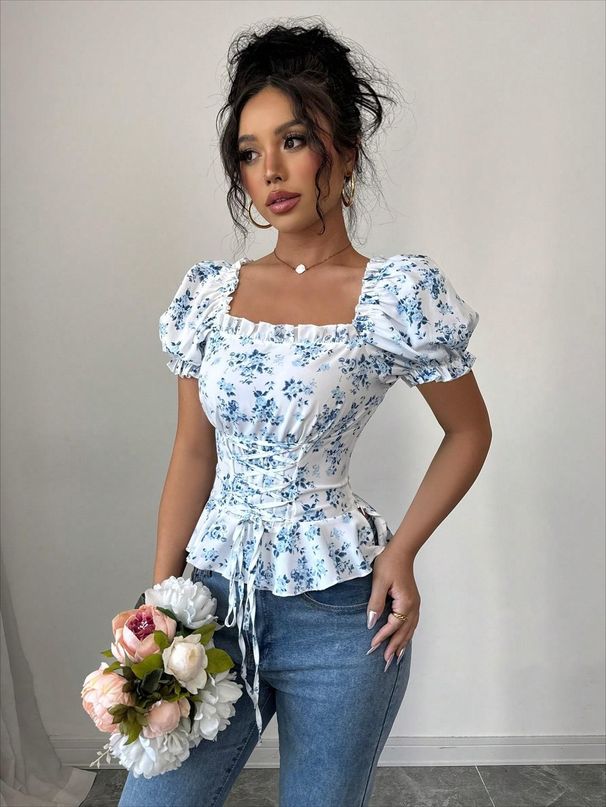 Women’s Clothing French Print Square Collar Puff Sleeve Waist Drawstring Shirt Short Top Floral_ecoleips.com