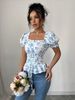 Women’s Clothing French Print Square Collar Puff Sleeve Waist Drawstring Shirt Short Top Floral_ecoleips.com