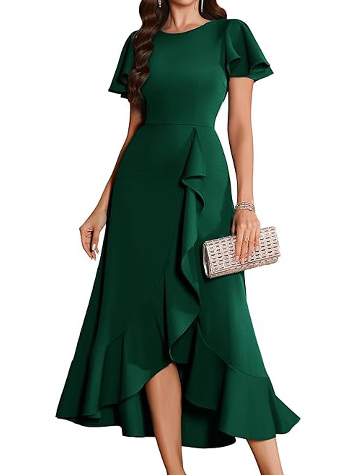 Autumn Women's Ruffled Side Slit Dress Round Neck Elegant Style_ecoleips.com