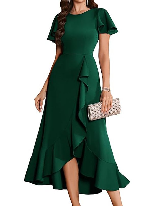 Autumn Women's Ruffled Side Slit Dress Round Neck Elegant Style_ecoleips.com