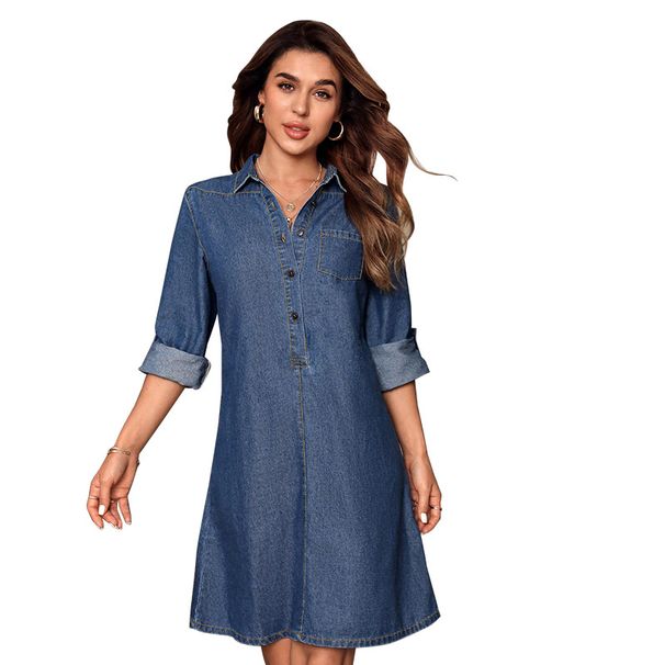 Women's Fashionable Denim Dress Long Sleeved Independent Website Direct Sale Cross Border 218752 New Summer Clothing_ecoleips.com