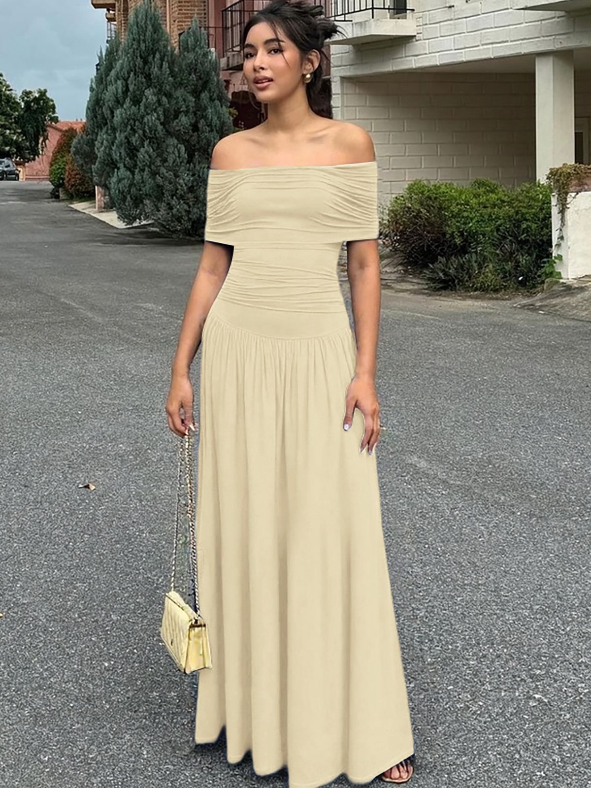 Hugcitar Elegant Slash Neck Short Sleeve Solid Ruched Sexy Bodycon Maxi Dress Fall Women Fashion Outfits Birthday Party Vacation_ecoleips.com