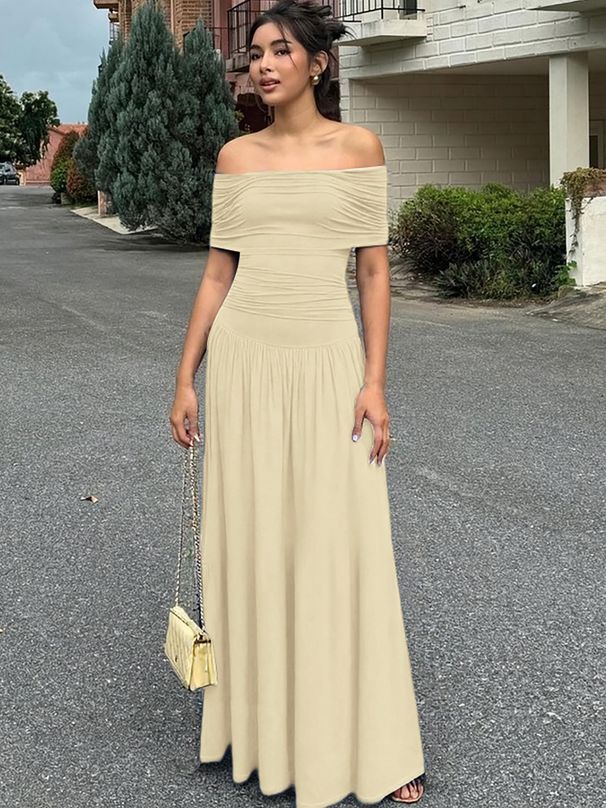 Hugcitar Elegant Slash Neck Short Sleeve Solid Ruched Sexy Bodycon Maxi Dress Fall Women Fashion Outfits Birthday Party Vacation_ecoleips.com