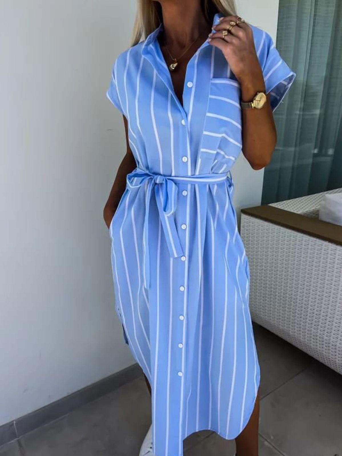 Women's Clothing Retro Elegant Simple Striped Sleeveless Loose Mid Length Shirt Dress Lace Up Shirt_ecoleips.com
