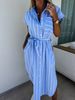 Women's Clothing Retro Elegant Simple Striped Sleeveless Loose Mid Length Shirt Dress Lace Up Shirt_ecoleips.com