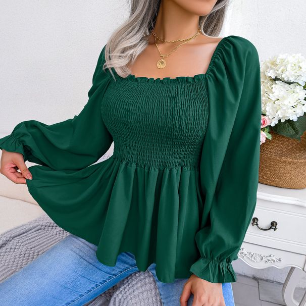 Women's Elegant Chiffon Blouse Square Neck Long Sleeve Ruffled Trim Casual Spring/Summer European American Style Blouse_ecoleips.com
