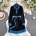 Celebrity Inspired Elegant Patchwork Denim Collared Dress, Perfect For Autumn And Winter, With A Belted Waist And Slit, Midi Length._ecoleips.com