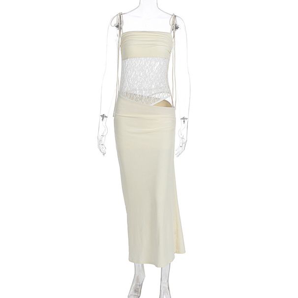 Summer New Arrival Women Fashion Dress Elegant Patchwork Lace Camisole Slim Waist Sheer Mesh Bodycon Dress_ecoleips.com