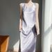 Acetate Satin Vest Waist-Cinching Gold Silk French Solid Color V-Neck Wide Strap Long Dress_ecoleips.com