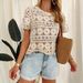 Women's Clothing Short Sleeved Women's Short Hollow Knitted Blouse Top Round Neck_ecoleips.com