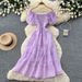Women's French Style Off-Shoulder Puff Sleeve A-Line Maxi Dress Elegant Slimming Summer Vacation Dress_ecoleips.com