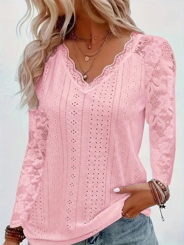 Women's Clothing Women's Long Sleeve Lace Patchwork Hollow Out Top Fashionable Spring Blouse Style For Formal & Casual For Women_ecoleips.com